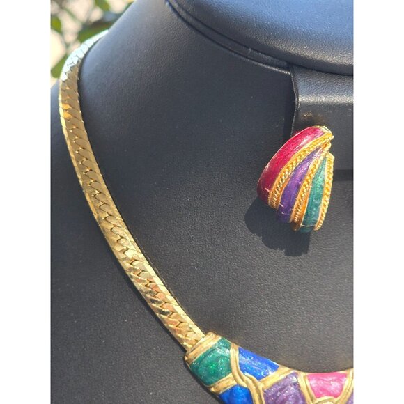 Vintage Gold-Tone Enamel Necklace & Clip-On Earrings Set '80 Era Like‎ New 18" - Picture 10 of 12